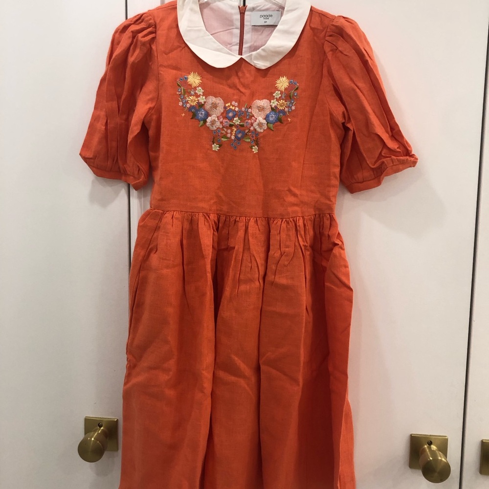 Orange Smocked Sundress with Puff Sleeves and Peter Pan Collar